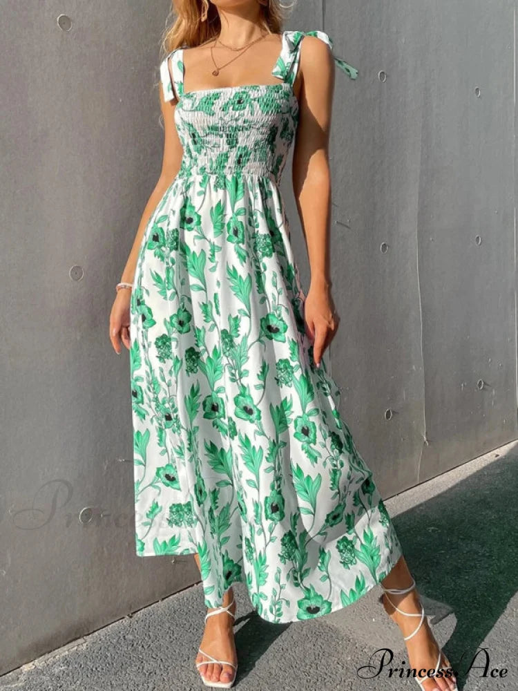 For Flowered Design Tiered Gown Smocked Women Green / S