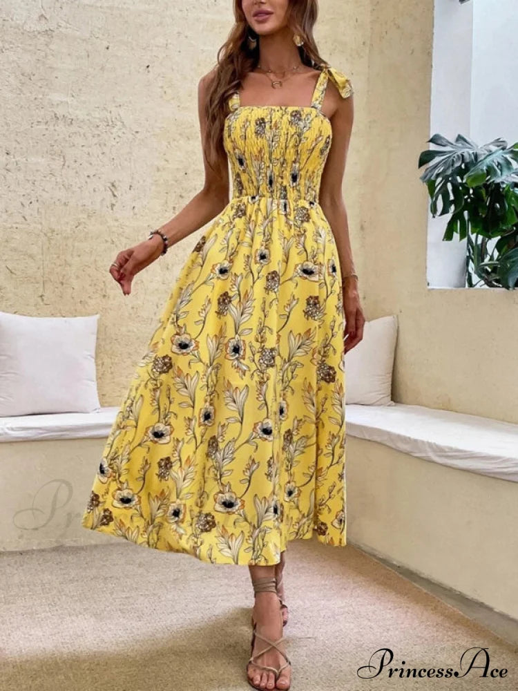 For Flowered Design Tiered Gown Smocked Women Yellow / S