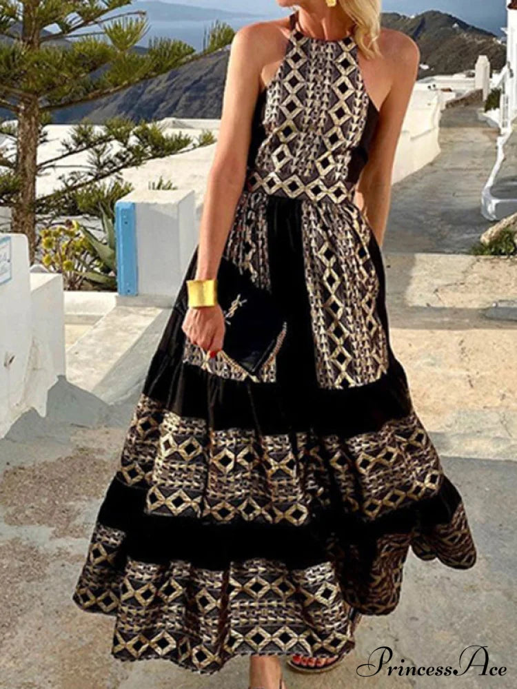 For Gown Patterned Tiered Full-Length Women Black / S Women’s Sleeveless Long Dress