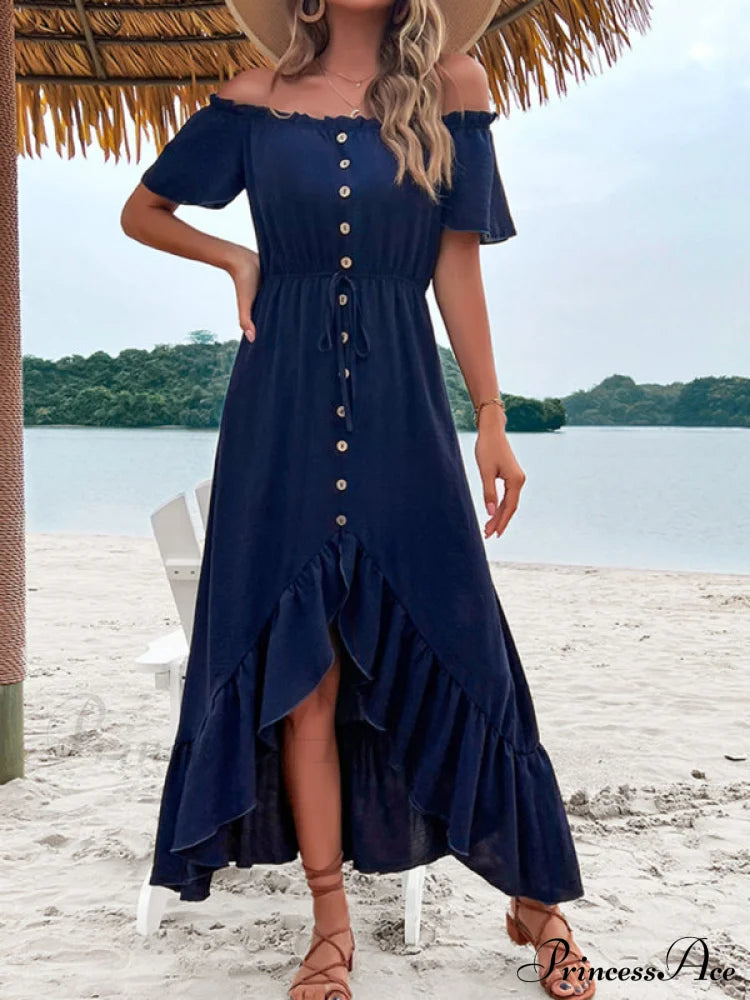 For Gown Shoulder One Ruffle Blue Irregular Women Champlain / S Women’s Short Sleeve Long Dress