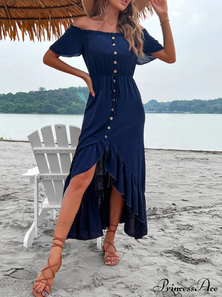 For Gown Shoulder One Ruffle Blue Irregular Women Women’s Short Sleeve Long Dress