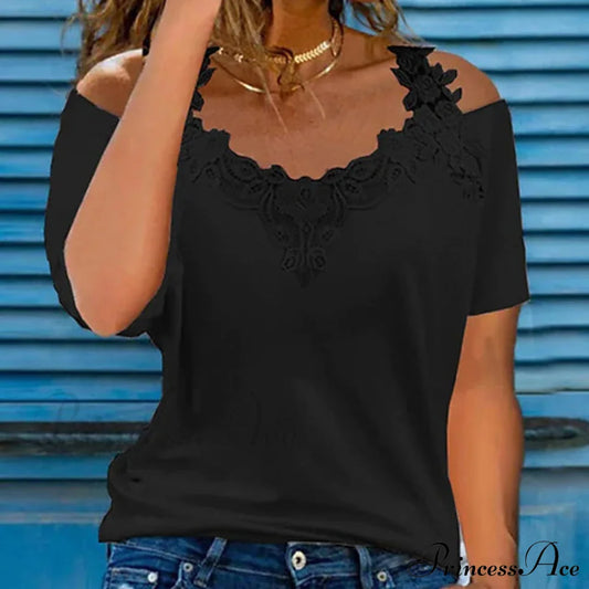 Women's Lace Off Shoulder V Neck Top Black __stock:200 clothes refund_fee:800 tops