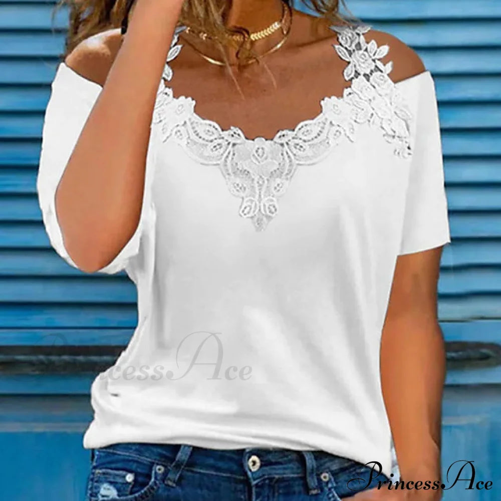 Women's Lace Off Shoulder V Neck Top White __stock:200 clothes refund_fee:800 tops