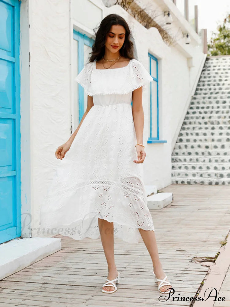 For Shoulder Lace Color Long Off Gown Solid Women White / S Women’s Dress