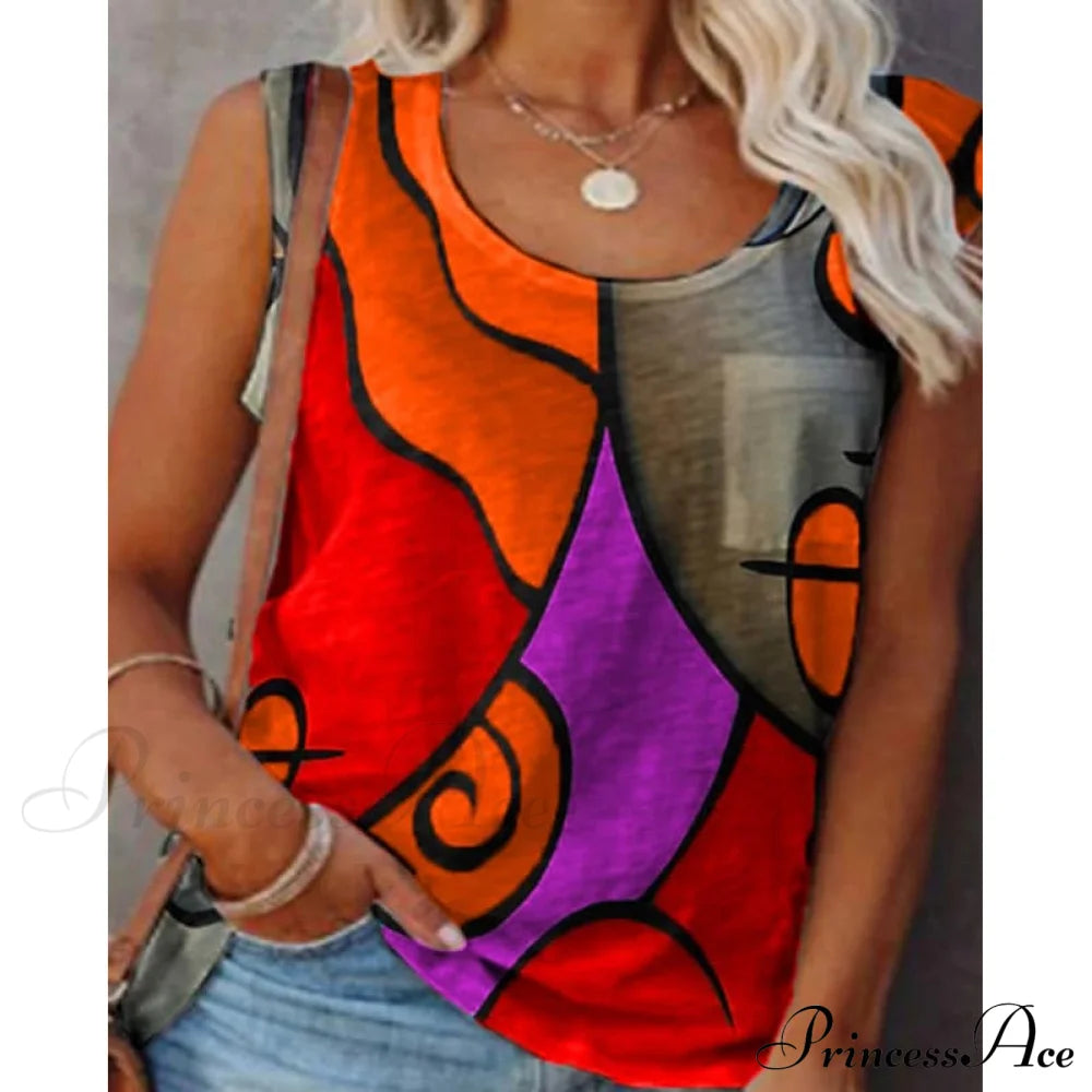 Women's Sleeveless Crew Neck Casual Top Vest Orange __stock:200 clothes refund_fee:800 tops