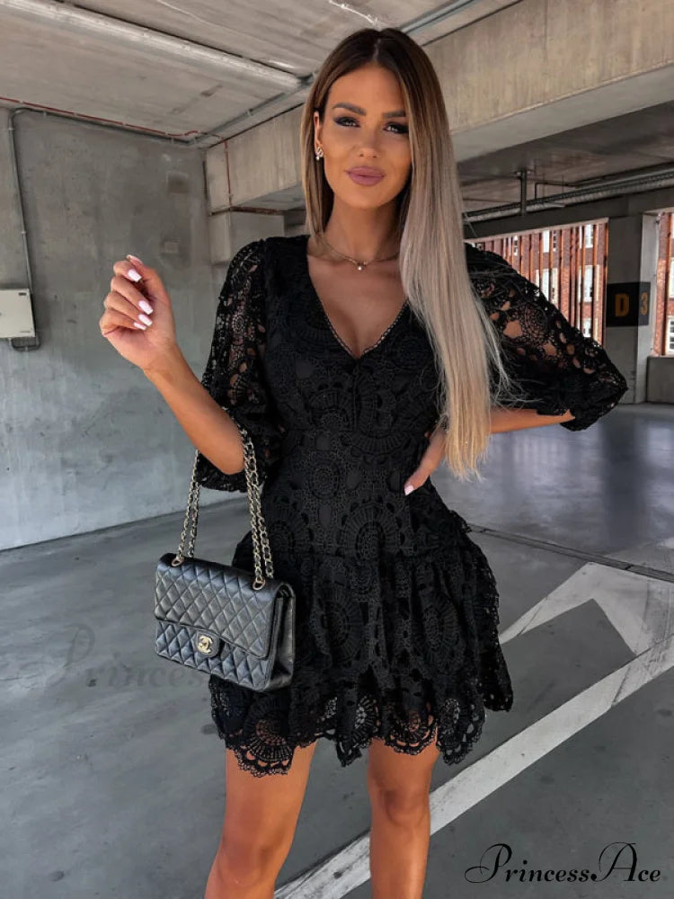 For Solid Arm Puff Lace Color Tiered Mini Gown Women Women’s Mid Sleeve Dress