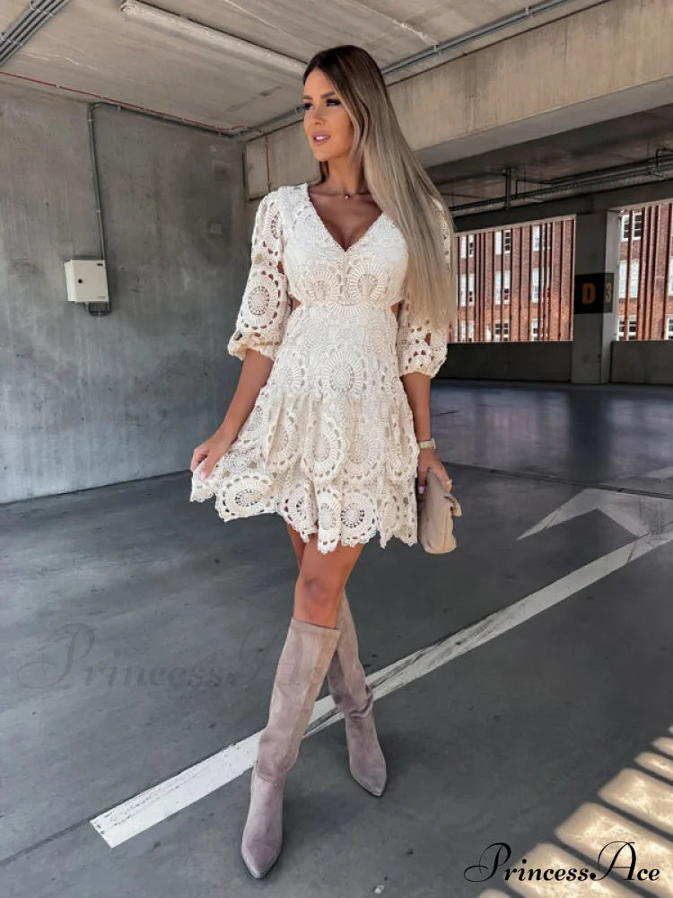 For Solid Arm Puff Lace Color Tiered Mini Gown Women Women’s Mid Sleeve Dress