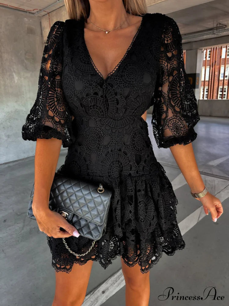 For Solid Arm Puff Lace Color Tiered Mini Gown Women Women’s Mid Sleeve Dress