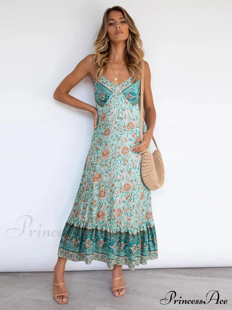 For Suspender Gown Flowered Bohemian Women Green / S Women’s Maxi Dress