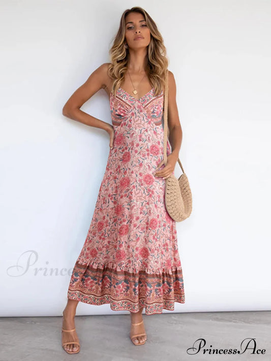 For Suspender Gown Flowered Bohemian Women Pink / S Women’s Maxi Dress