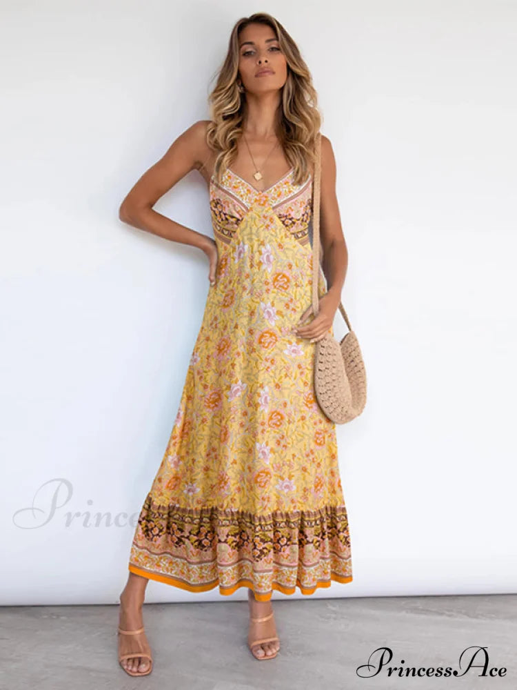 For Suspender Gown Flowered Bohemian Women Yellow / S Women’s Maxi Dress