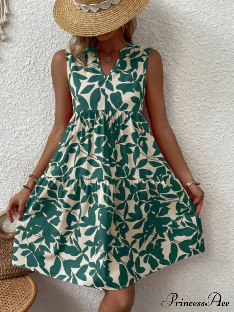 For Tiered Design Sleeveless Minidress Flowered Ruffle Women Green / S