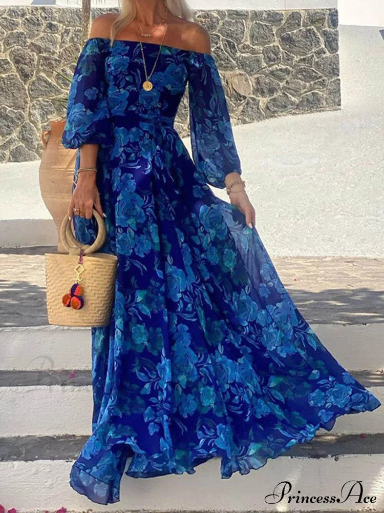 Foral Off Shoulder Back Graceful Smocked Vacation Maxi Dress Blue / S Dresses