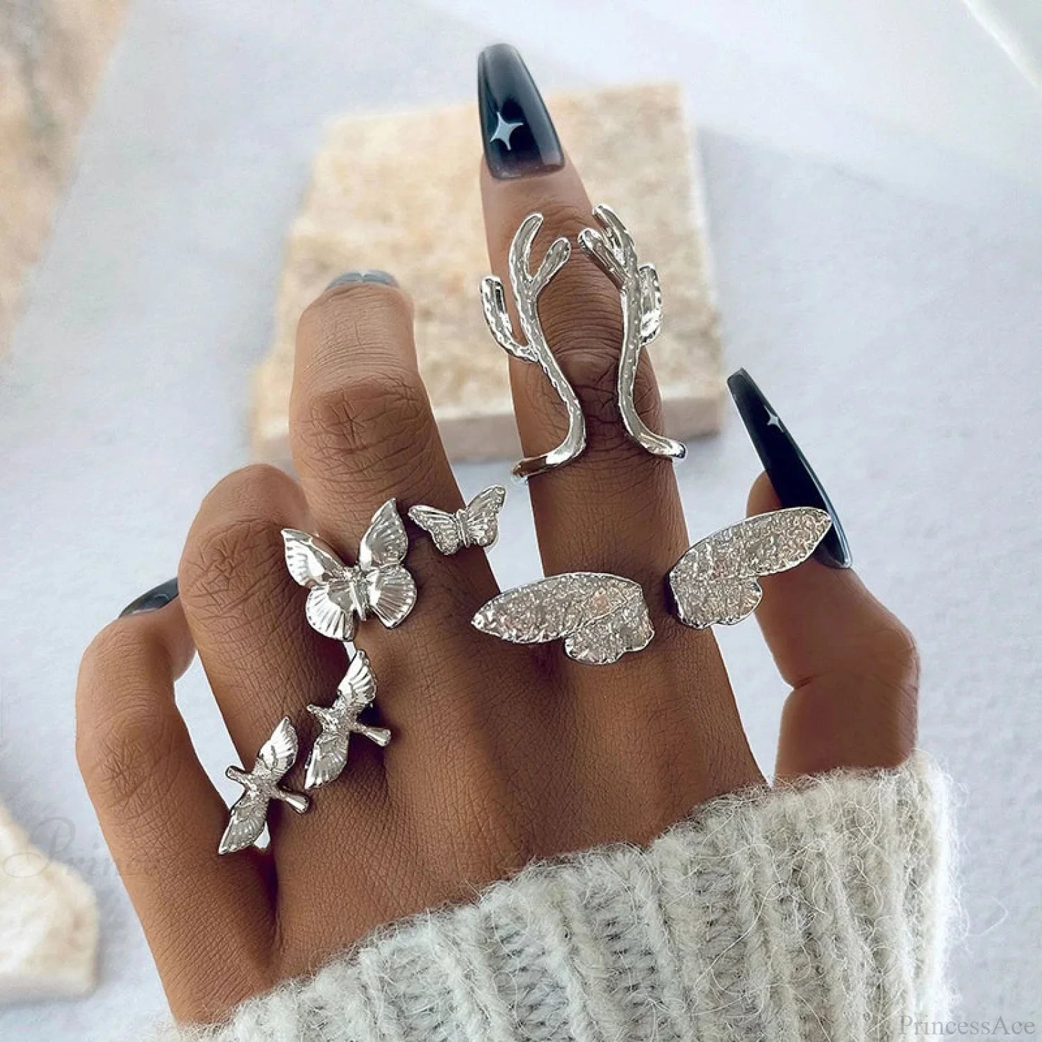Four Piece Gothic Butterfly Ring silver color