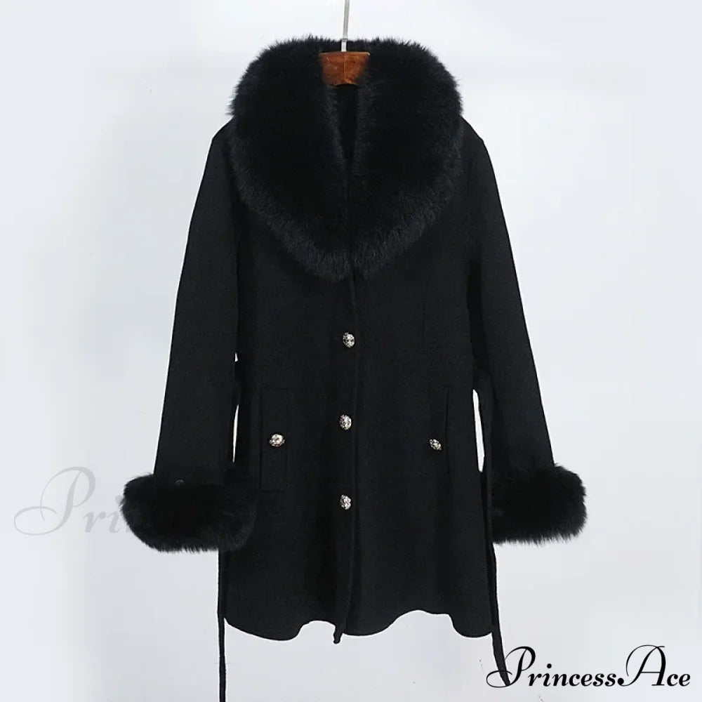 Fox Fur Detachable Wool Coat Black / S Coats-241208