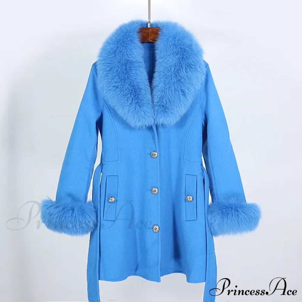 Fox Fur Detachable Wool Coat Blue / S Coats-241208