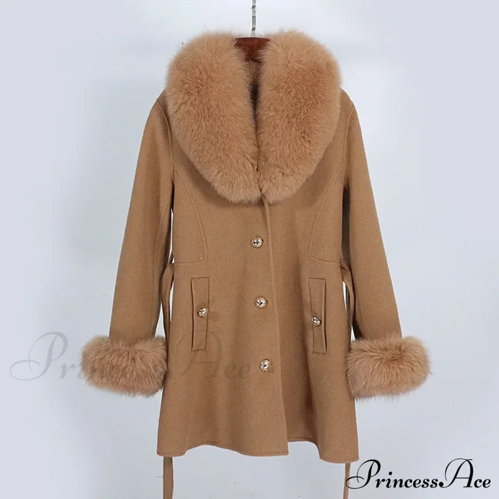 Fox Fur Detachable Wool Coat Camel / S Coats-241208