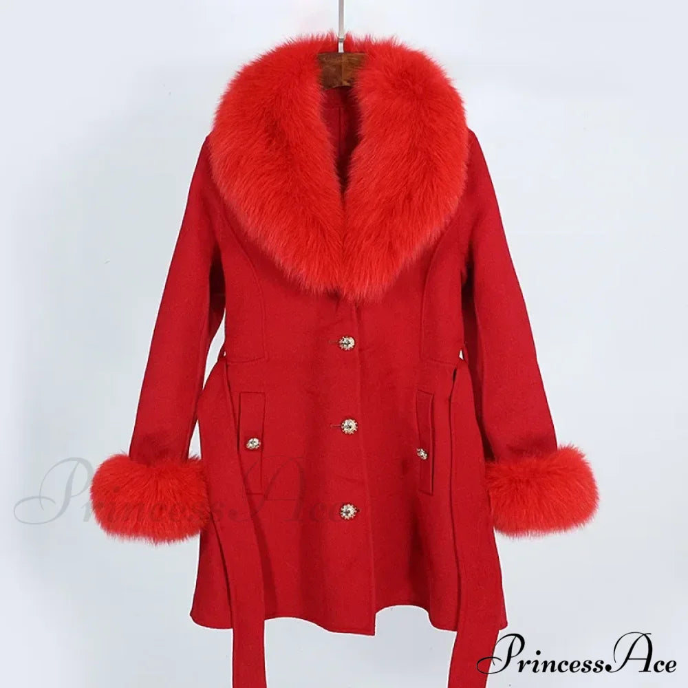 Fox Fur Detachable Wool Coat Red / S Coats-241208