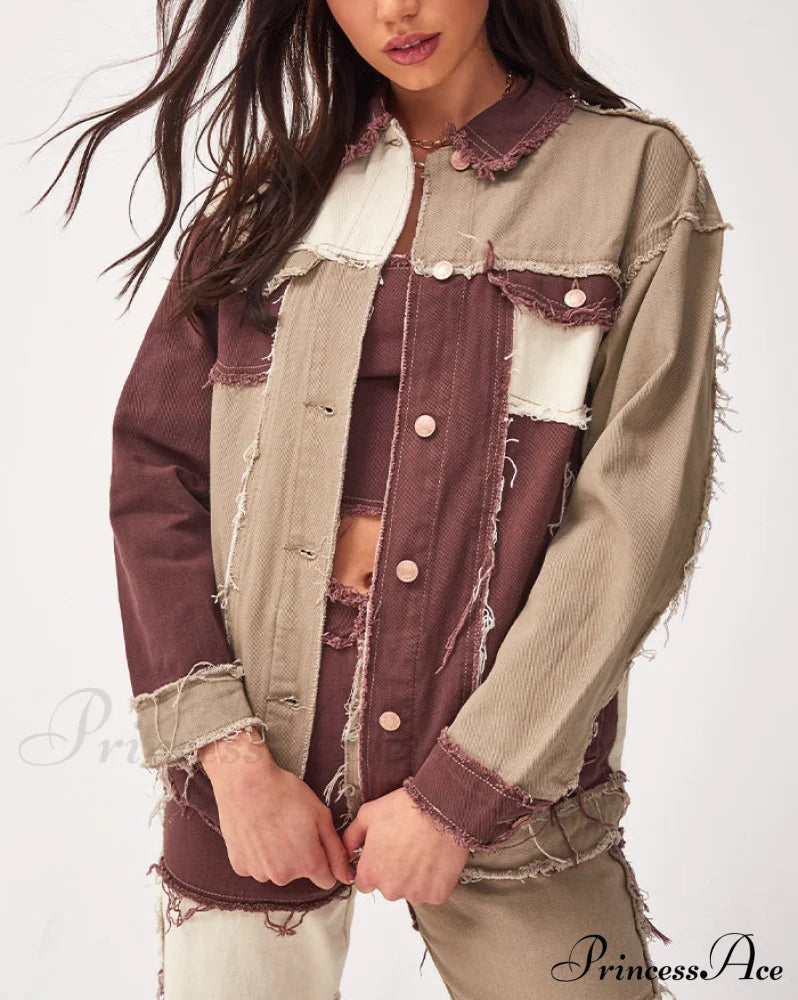 Frayed Detail High Trendy Waist Ripped Jeans Brown / S Jacket