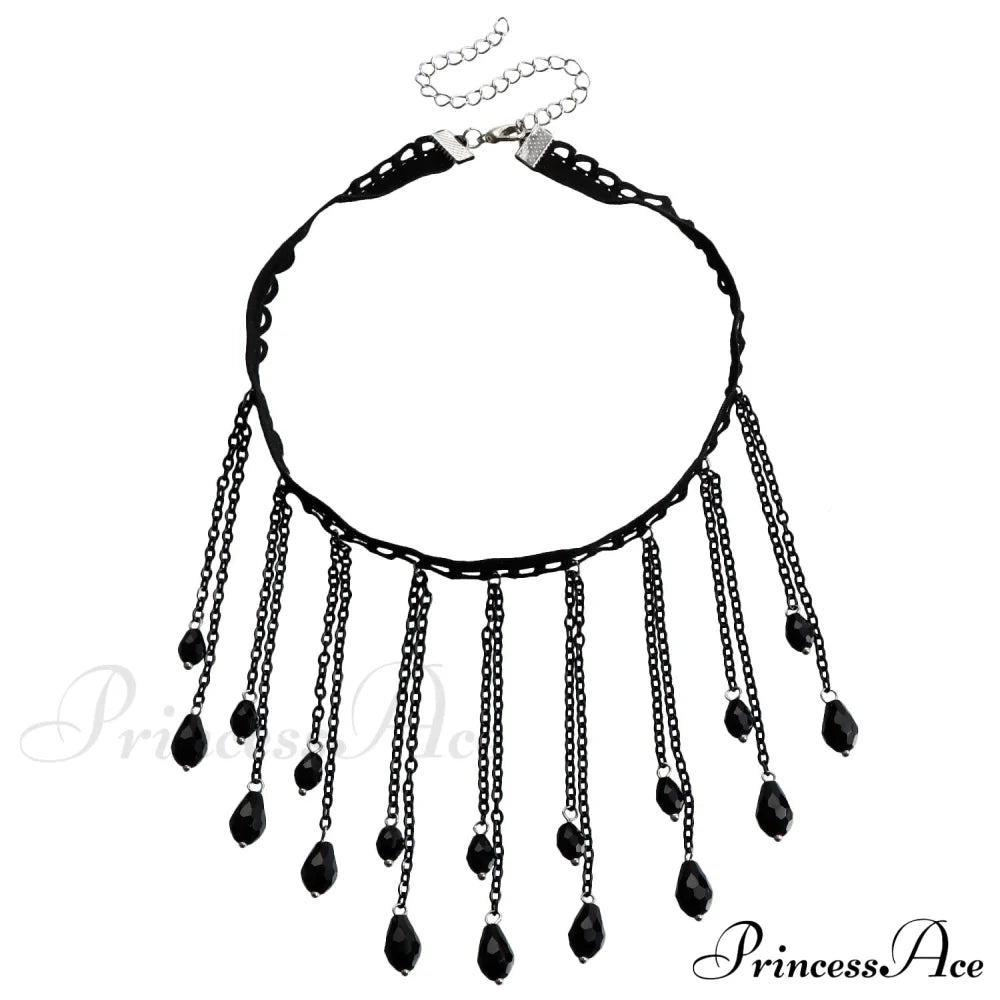 French Black Crystal Gothic Water Drop Tassel Lolita Lace Necklace Black Halloween