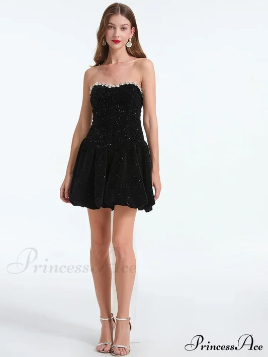 French Bow Strapless Party Dress Black / S Partydress-241208