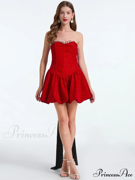 French Bow Strapless Party Dress Red / S Partydress-241208