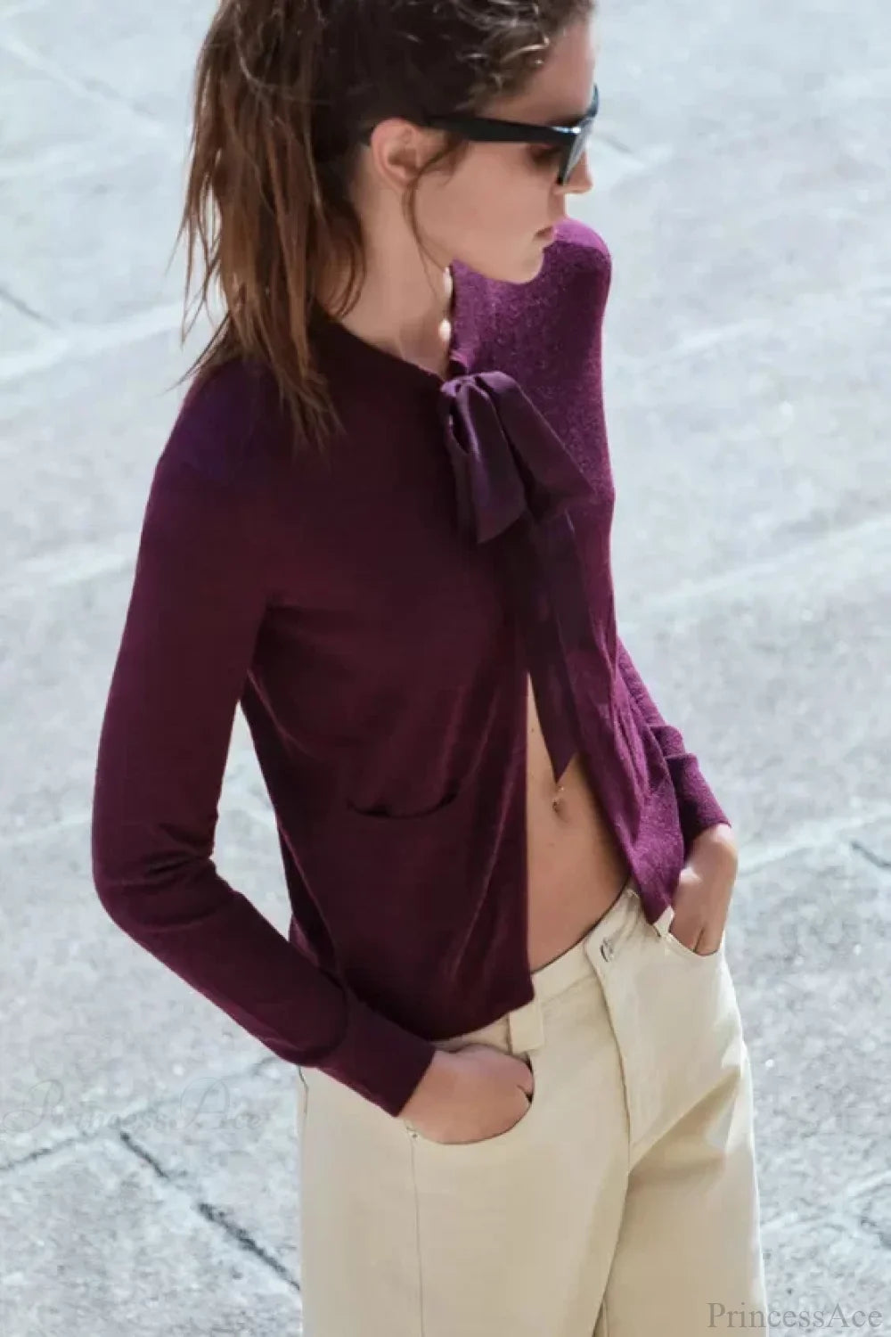 French Design Bow Wool Blended Cardigan PURPLE / S