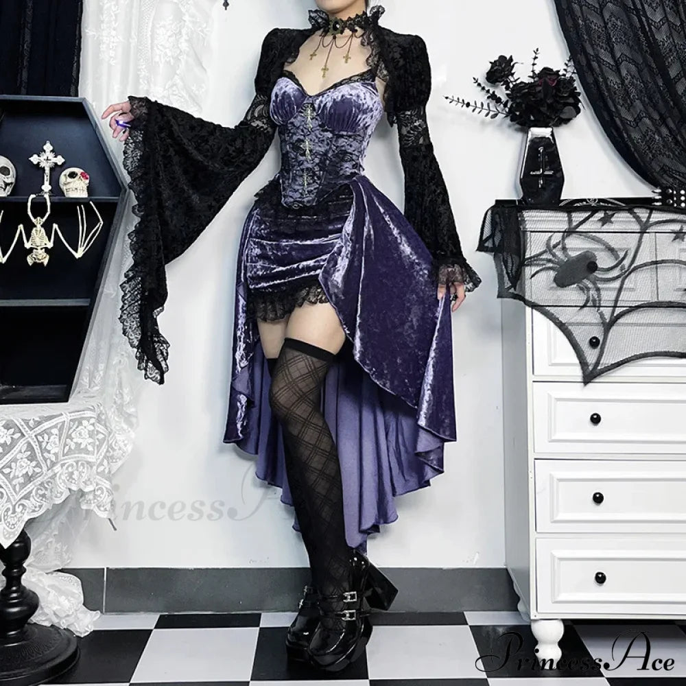 French Fashion Purple Slim Sling Trailing Gothic Dark High Waist Irregular Fairy Grunge Dress