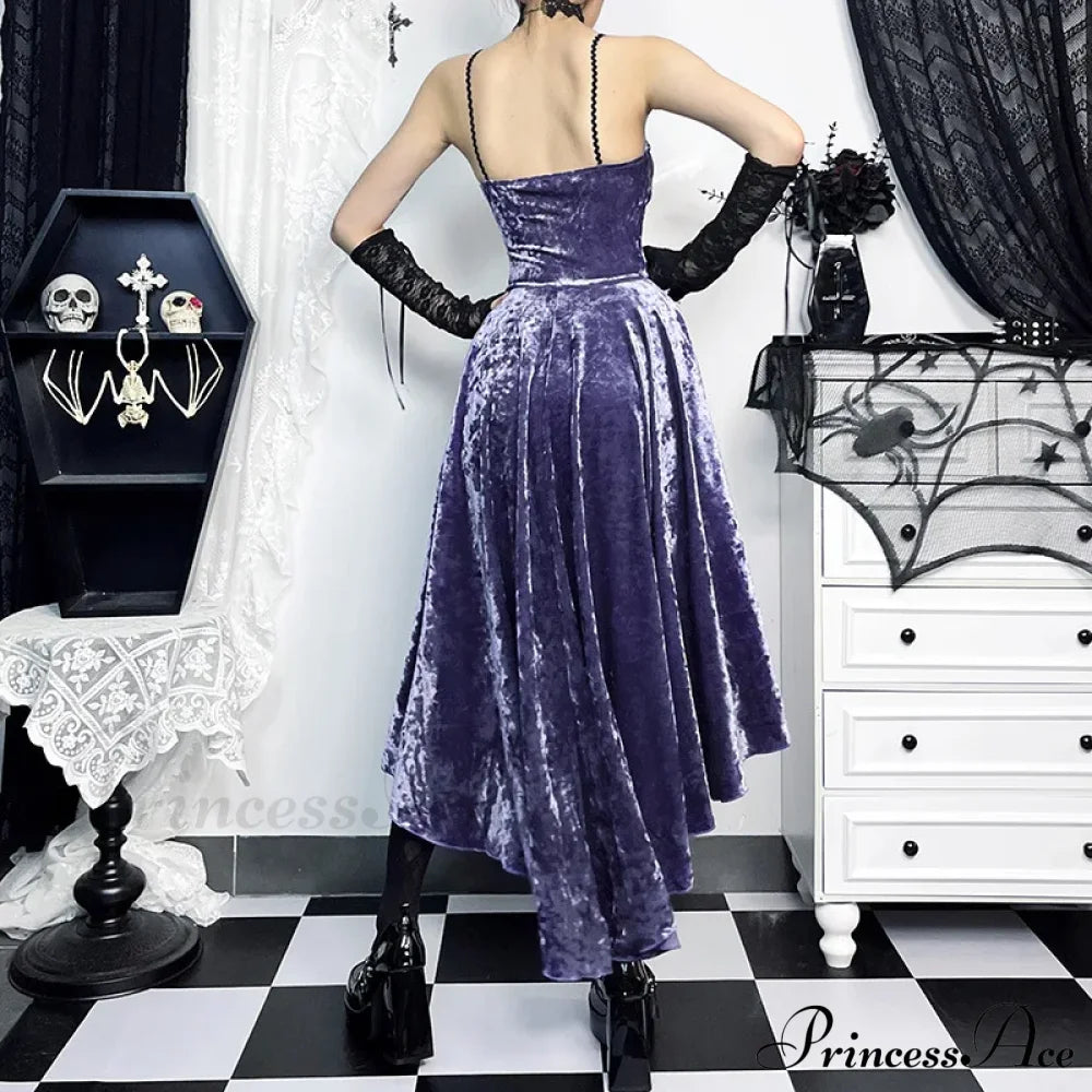 French Fashion Purple Slim Sling Trailing Gothic Dark High Waist Irregular Fairy Grunge Dress