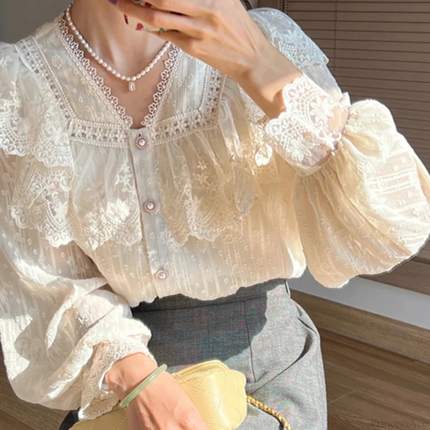 French Lace Lolita Elegant Long Sleeve Blouse Apricot shirt / S(40-47.5KGS) blouse-250126