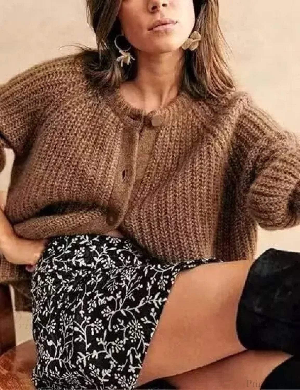 French Niche Solid Lazy Style Loose Cardigan Khaki / S