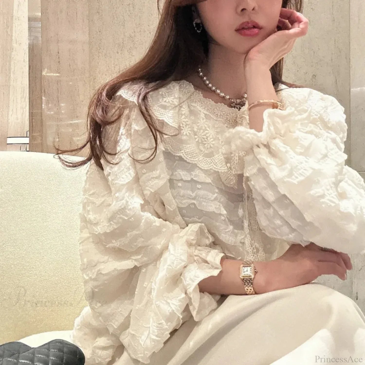 French Style Lace Up Loose Blouse WHITE / One Size blouse-250223