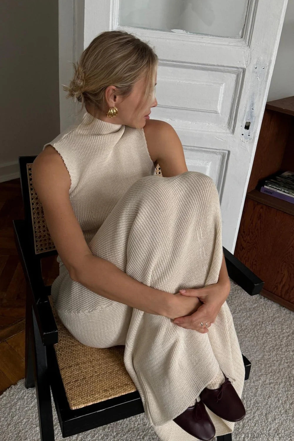 French-Style Sleeveless Turtleneck Cotton Wool Blend Two Piece Set