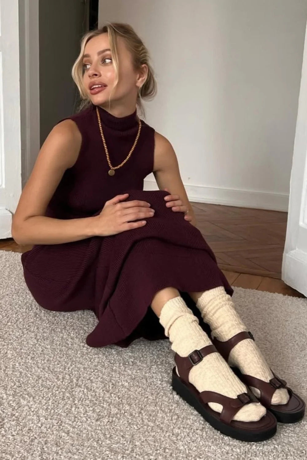 French-Style Sleeveless Turtleneck Cotton Wool Blend Two Piece Set