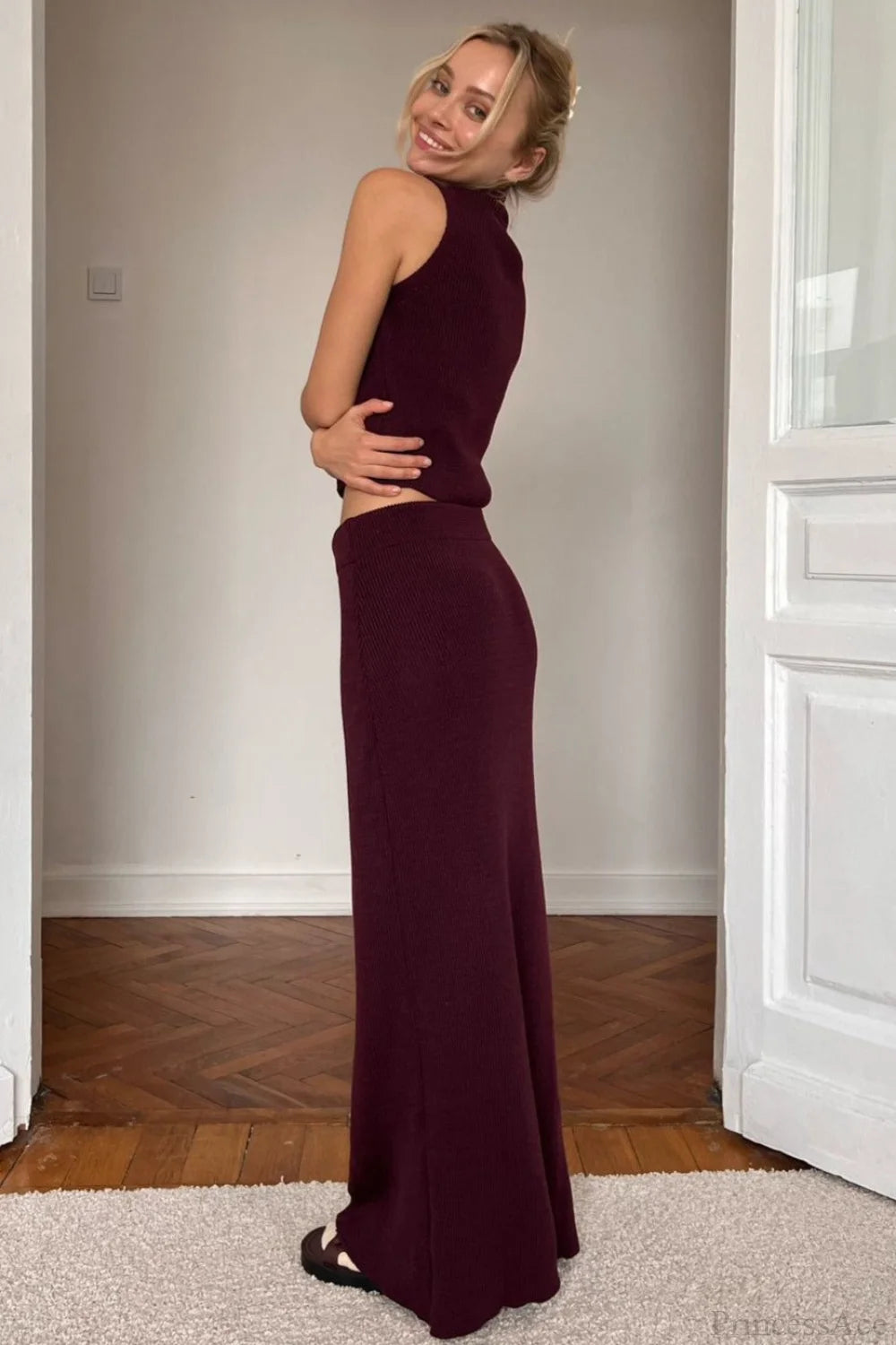 French-Style Sleeveless Turtleneck Cotton Wool Blend Two Piece Set