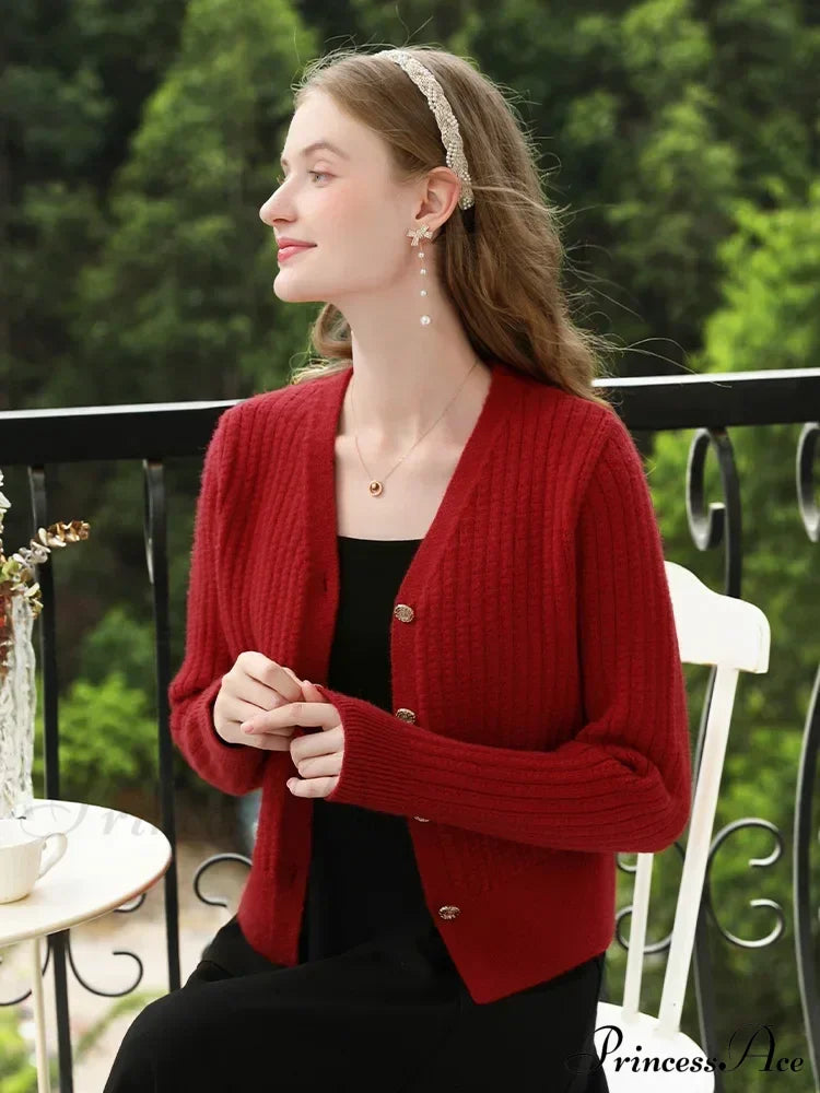 French V-Neck Long Sleeve Red Cardigan Cardigan-241208