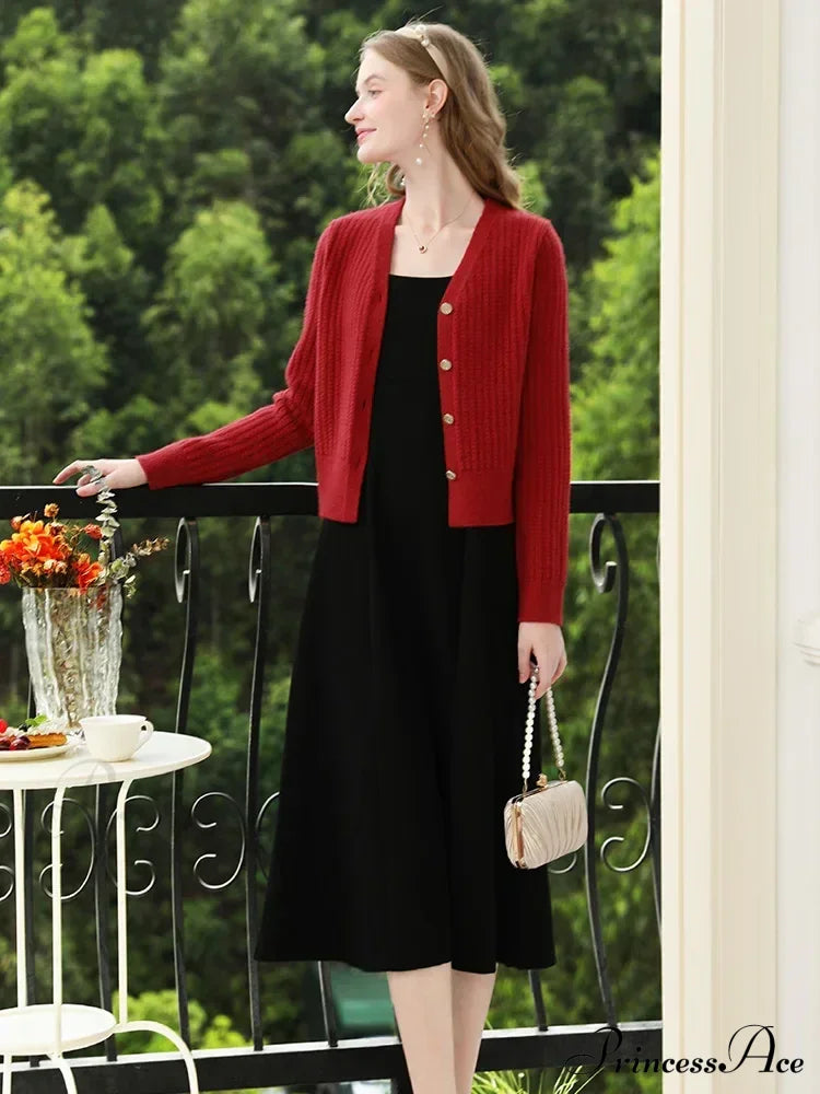 French V-Neck Long Sleeve Red Cardigan Cardigan-241208