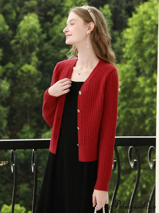 French V-Neck Long Sleeve Red Cardigan / M Cardigan-241208