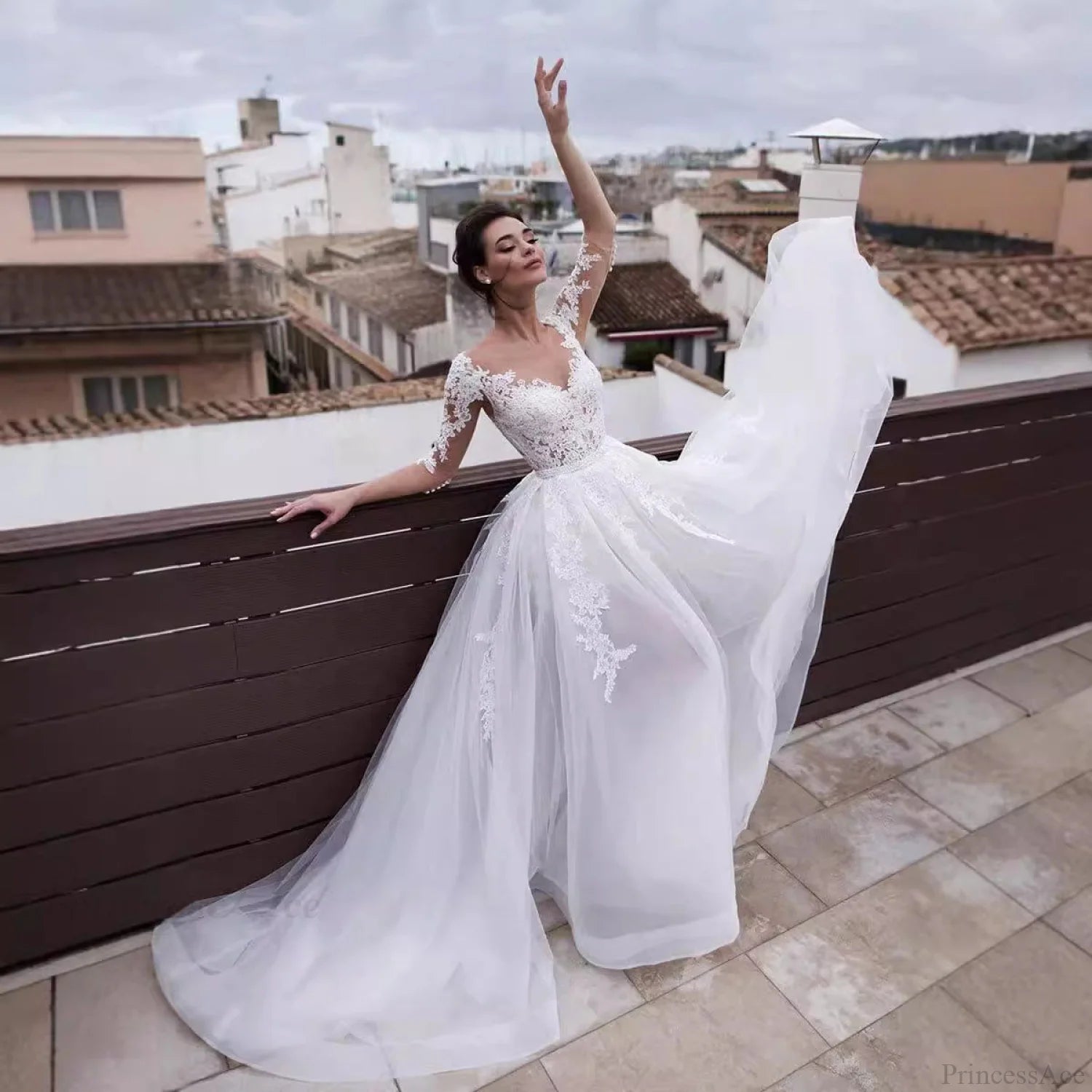 French V-Neck Long Sleeve Wedding Dress weddingdress-250223