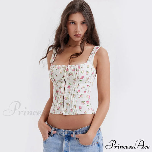 Fresh Tie Front Square Neck Frill Sophisticated Bustier Floral Printed Tank Top - Blue S / Pink Tops