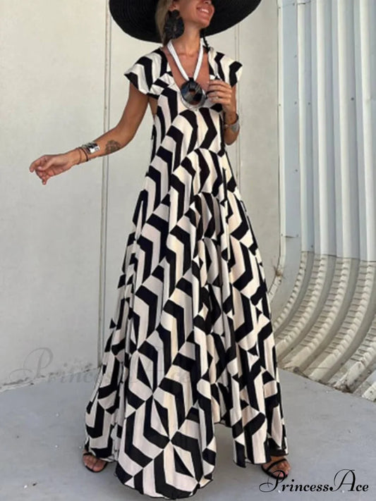 Fresh Unique Ethnic Print Graceful Ruffle Sleeve A-Line Maxi Dress Black / S Dresses