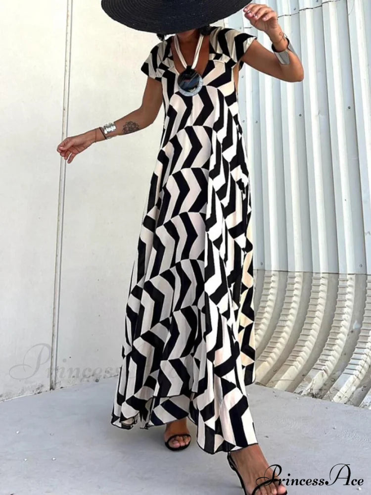 Fresh Unique Ethnic Print Graceful Ruffle Sleeve A-Line Maxi Dress Dresses