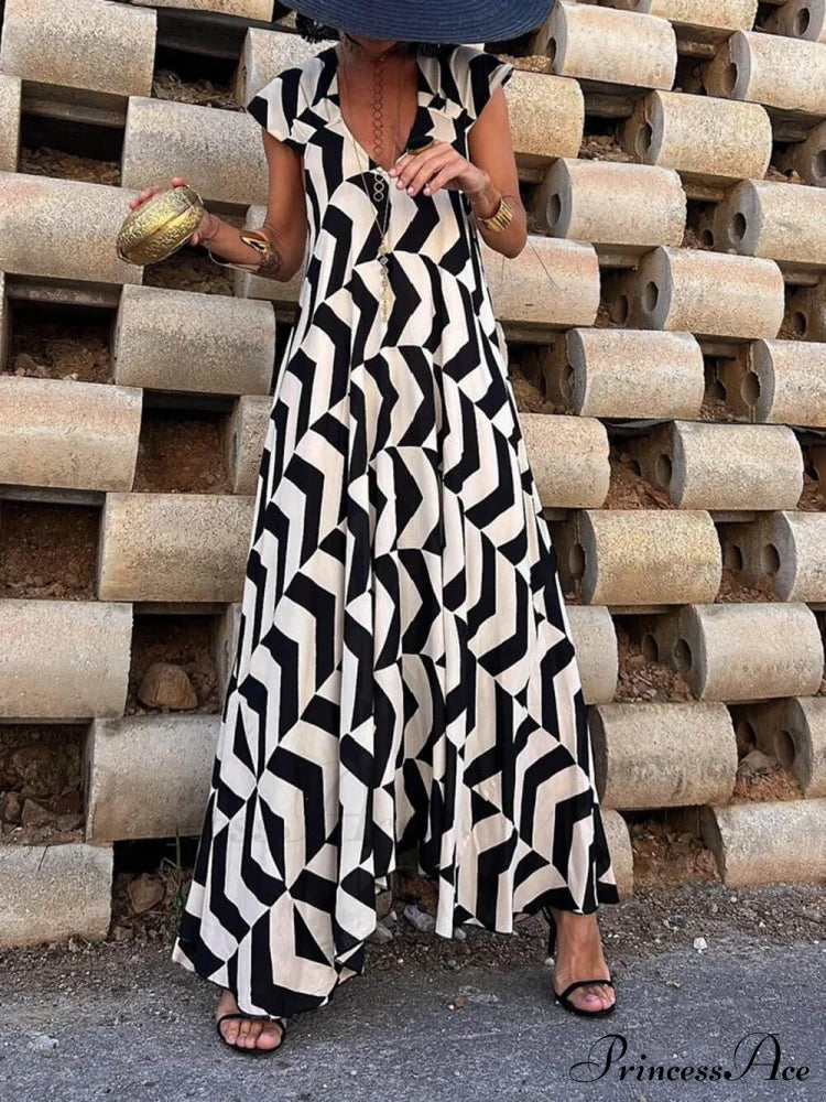 Fresh Unique Ethnic Print Graceful Ruffle Sleeve A-Line Maxi Dress Dresses