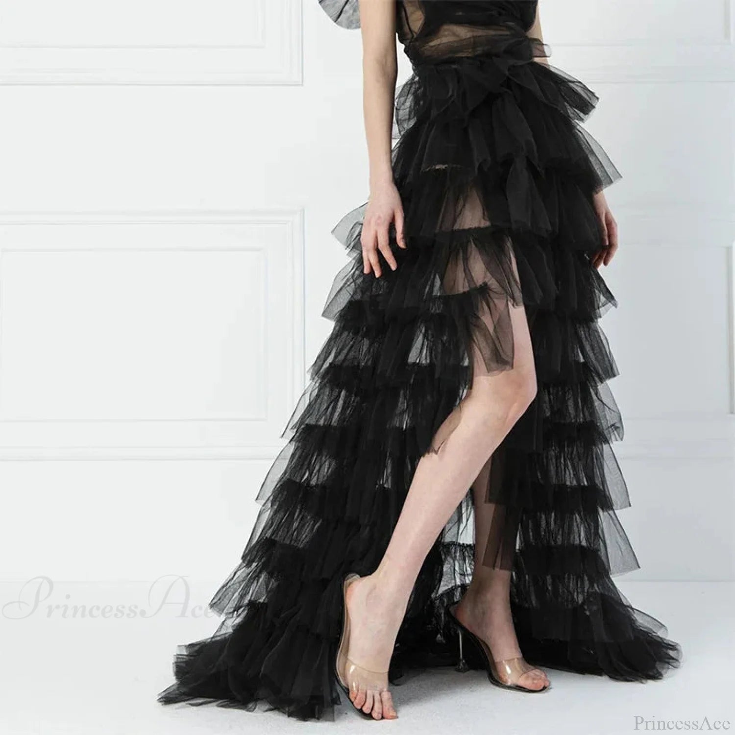 Frills Mesh Full-Length Skirt Black / One Size