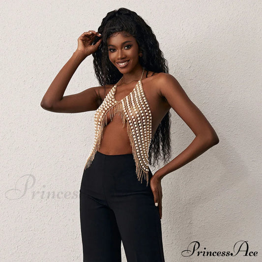 Fringe Detail Square Neck Open Classic Back Crop Tank Top - Silver One Size / White Embellished Tops