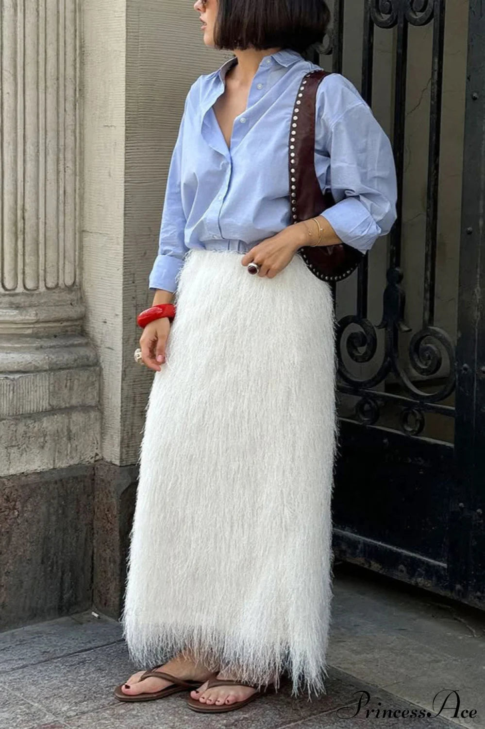 Fringe High Waist A-Line Midi Skirt