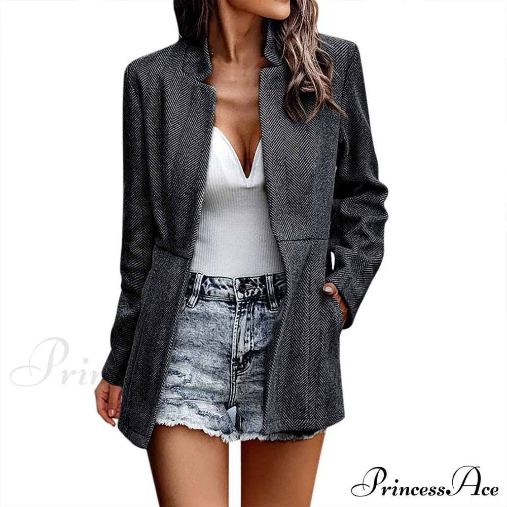 Front Blazer Long Sleeve Stand Collar Solid Trench Business Work Autumn Winter Outwear Chaquetas