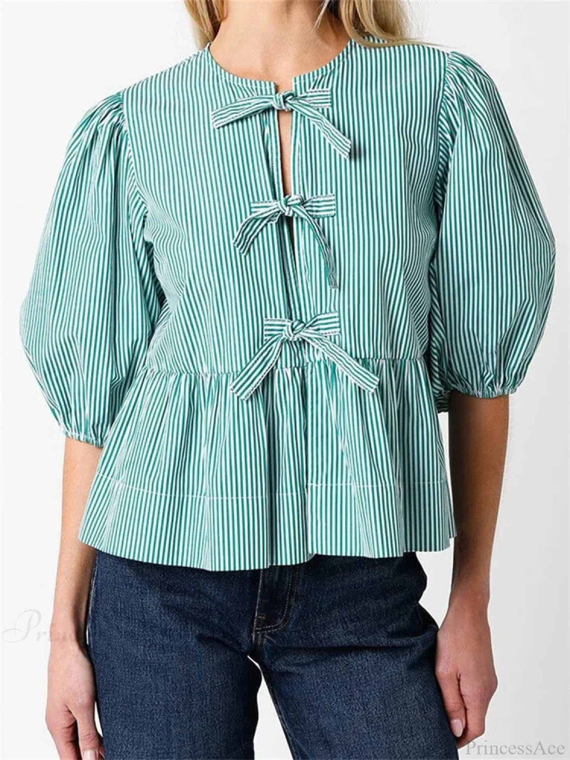 Front Split Bowknot Tie-Up Puff Sleeve Blouse blouse-250223