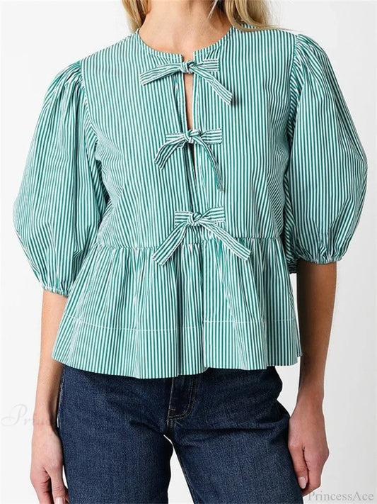 Front Split Bowknot Tie-Up Puff Sleeve Blouse green / S blouse-250223