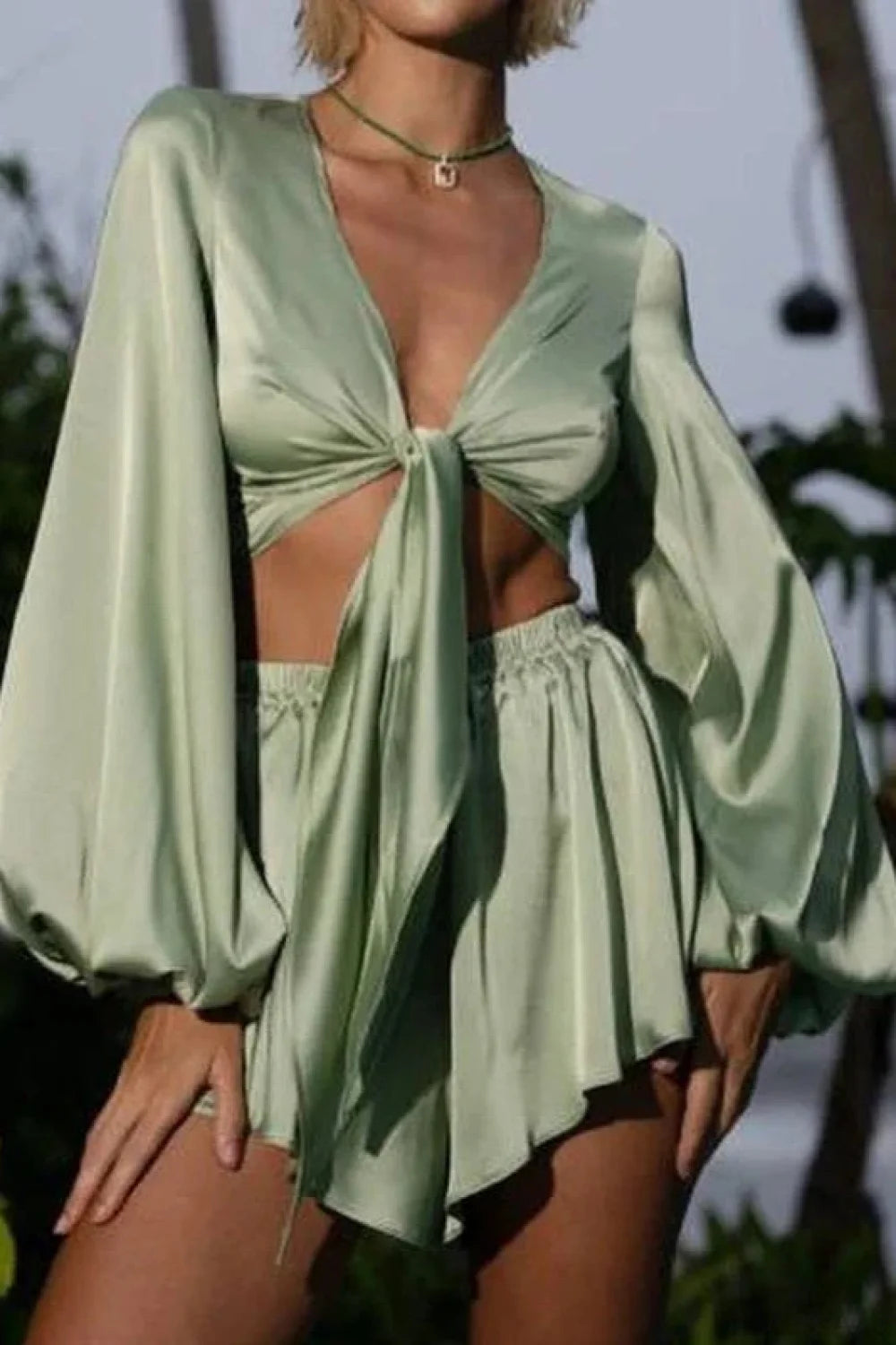 Front Tie Low Cut Full Sleeve Crop Top Flow Shorts Two Pieces Set Green / S twopiecesset-250126